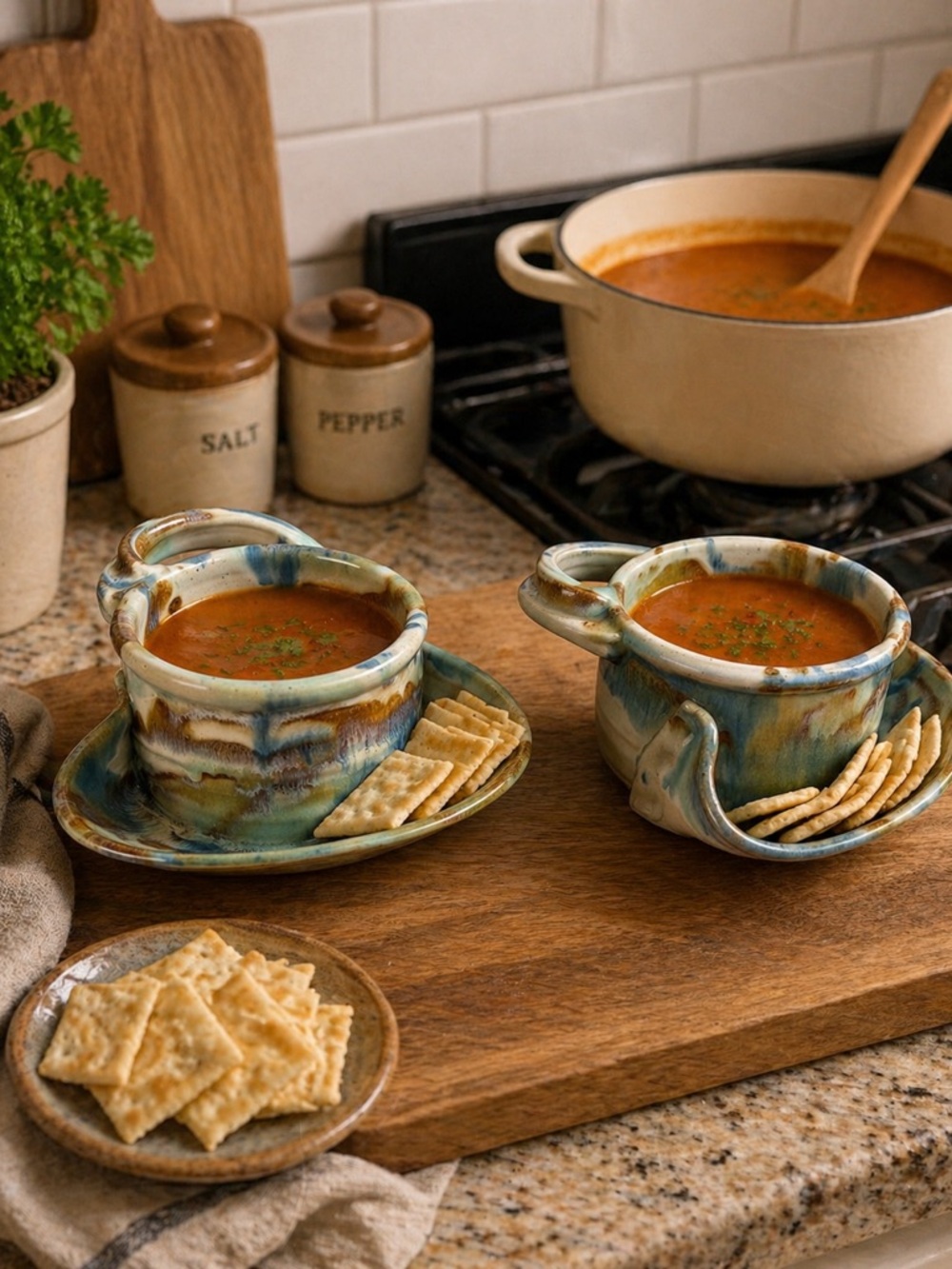 Erik Hertz Handmade Soup & Cracker Mug Set Blue Drip Pottery